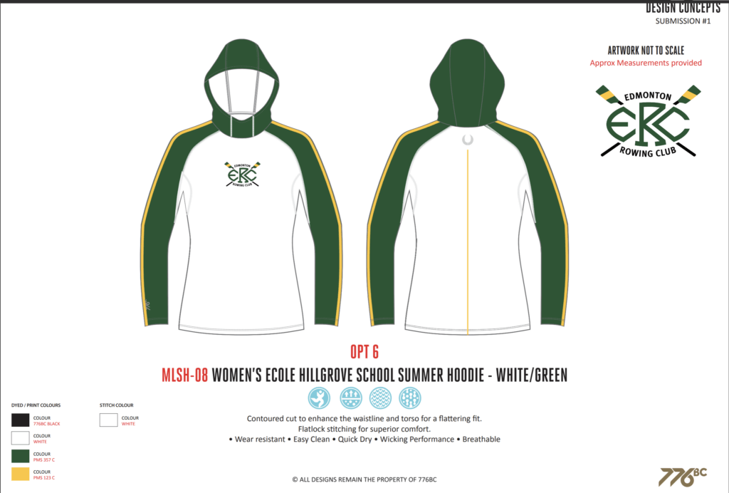 Sample ERC rowing sun shirts with green sleeves and hood. Yellow accents. ERC logo on chest