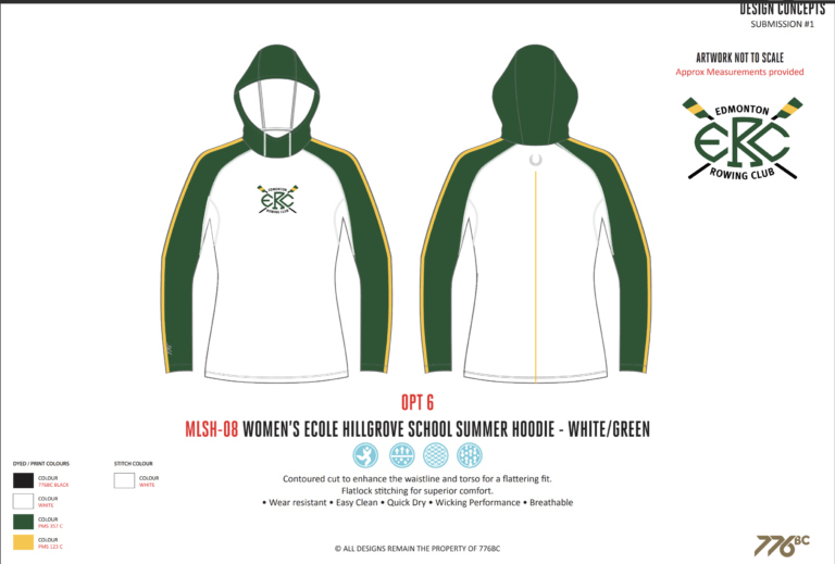 Sample ERC rowing sun shirts with green sleeves and hood. Yellow accents. ERC logo on chest